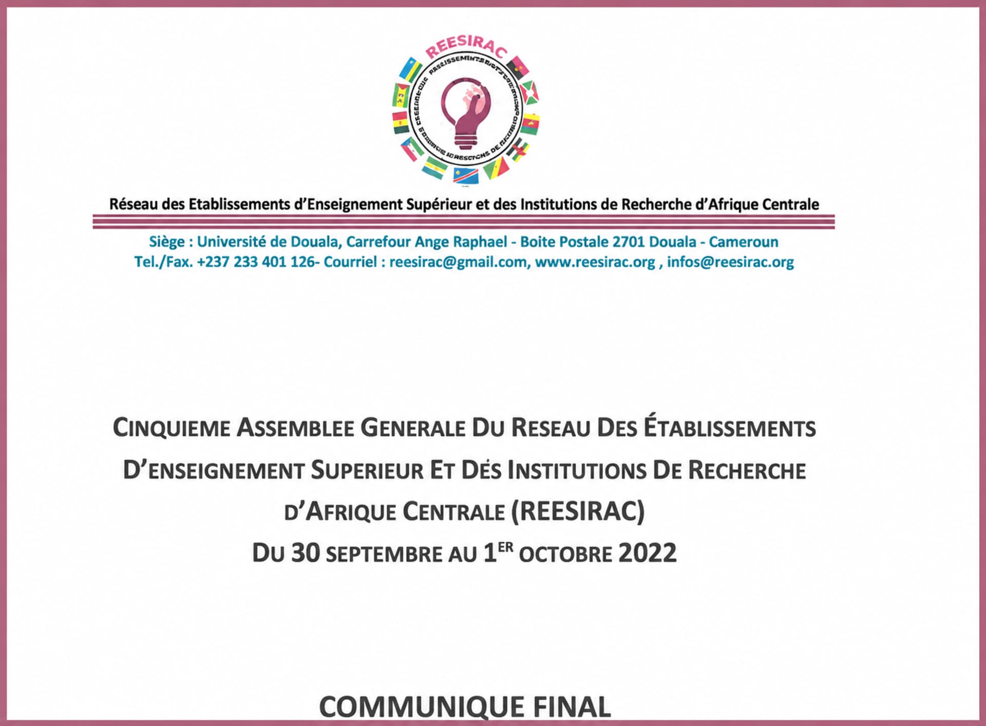 Communiqué final de la cinquième Assemblée Générale du Réseau des Établissements d’Enseignement Supérieur et des Institutions de Recherche d’Afrique Centrale (REESIRAC)