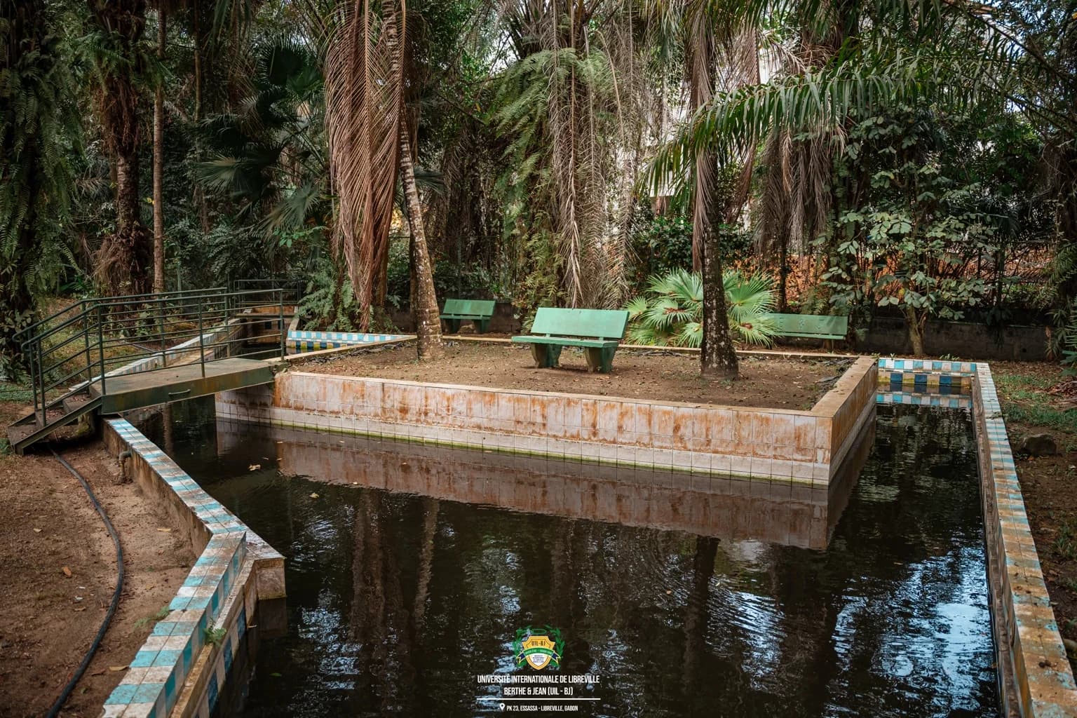 Bassin et passerelle dans un espace arboré