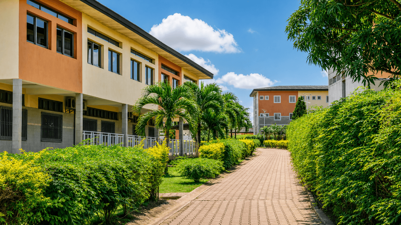 Allée paysagère entre les bâtiments du campus de l’Université Internationale de Libreville Berthe & Jean